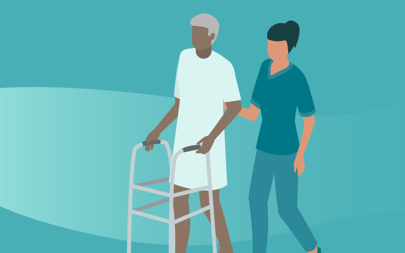 nurse guiding a patient with a walker