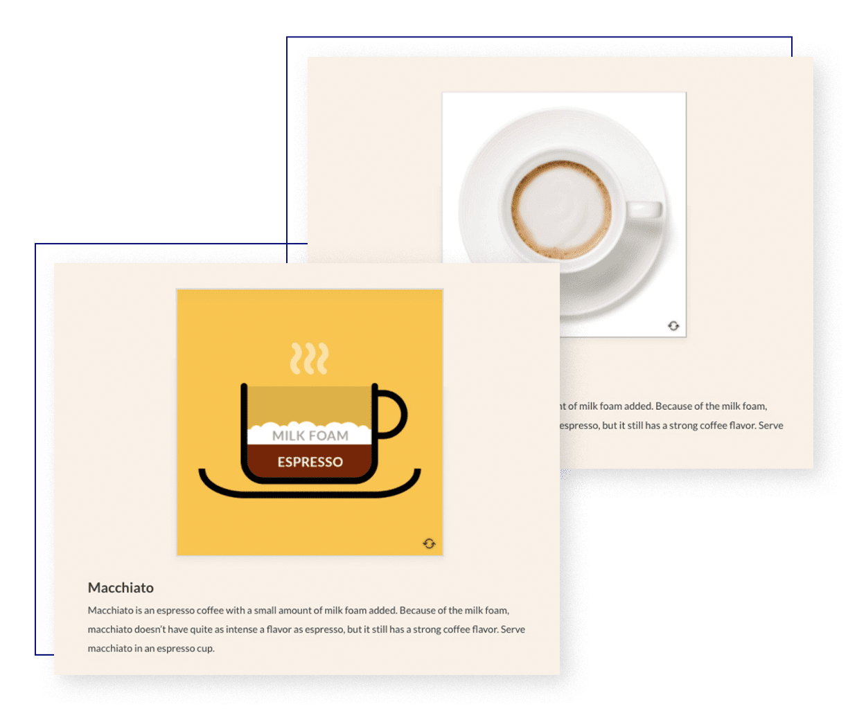 Flip cards in Rise featuring a Macchiato graphic and definition and a latte graphic and definition.