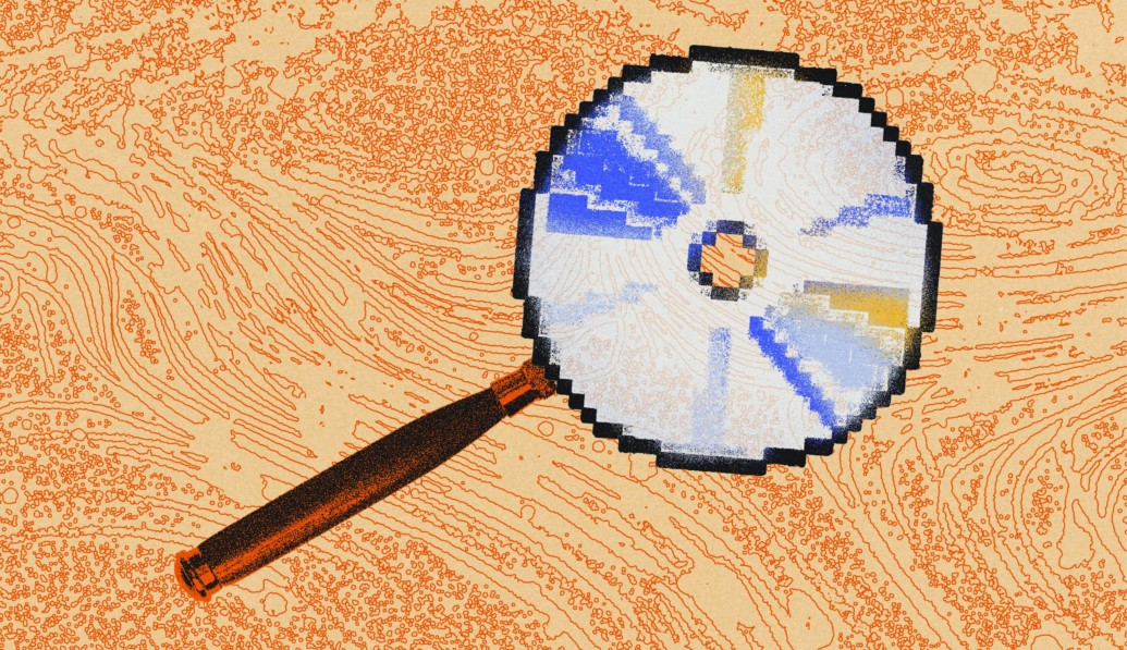 magnifying glass with computer disc representing software where the lens is