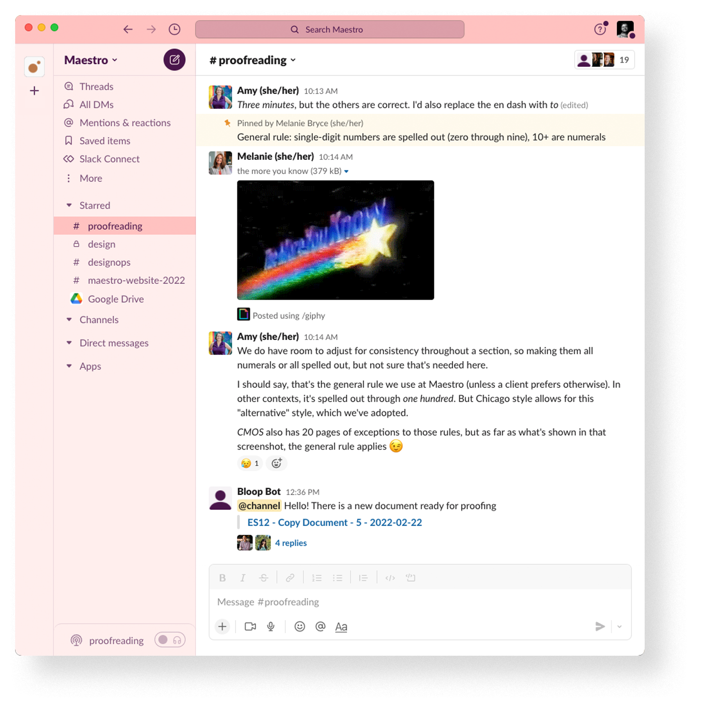 Proofreading channel from slack example